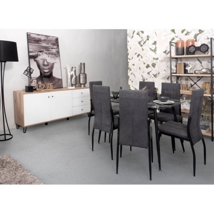 Conjunto de comedor ELEOS CAIRO, mesa de cristal de 120x80 cm, 6 sillas tapizadas color gris