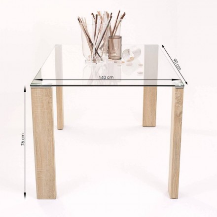 Conjunto de comedor GEMA ROSSET, mesa de cristal 140x90 cm, 4 sillas tapizadas color beige