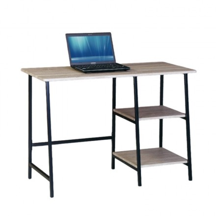 Mesa escritorio de diseño industrial LOFT, estructura metálica, sobre y tres baldas de MDF, color negro y roble, de 110x50x75 cm