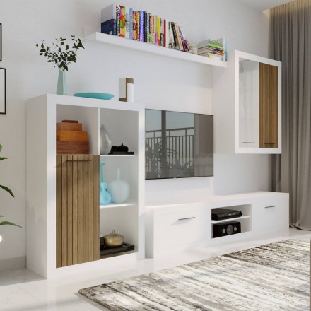Mueble de salón modular FORMENTERA WHITE, color blanco y madera, de 270 cm