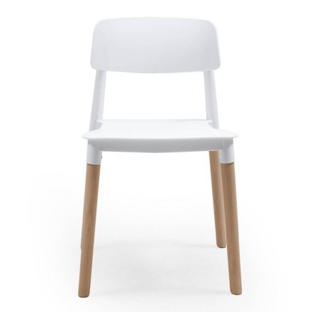 Pack de 4 sillas de comedor de diseño nórdico CALAS, asiento de polipropileno color blanco, patas de madera de haya