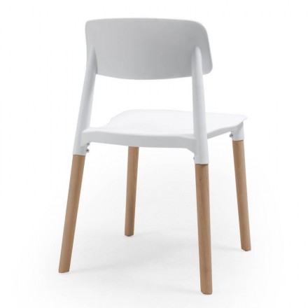 Pack de 4 sillas de comedor de diseño nórdico CALAS, asiento de polipropileno color blanco, patas de madera de haya