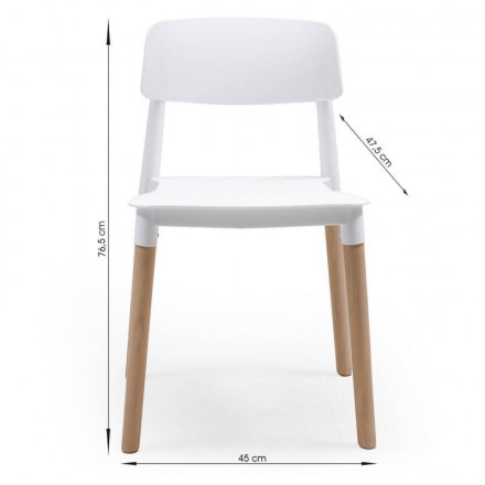 Pack de 4 sillas de comedor de diseño nórdico CALAS, asiento de polipropileno color blanco, patas de madera de haya