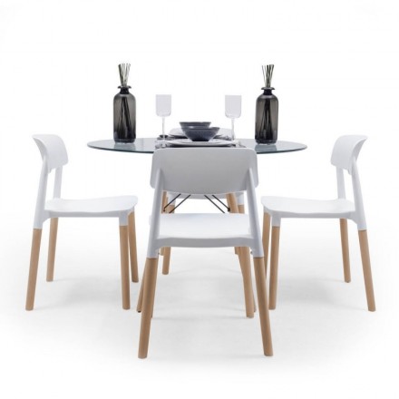 Conjunto de comedor CALAS TOWER CRISTAL 90, mesa de cristal redonda de 90 cm, 4 sillas de diseño nórdico