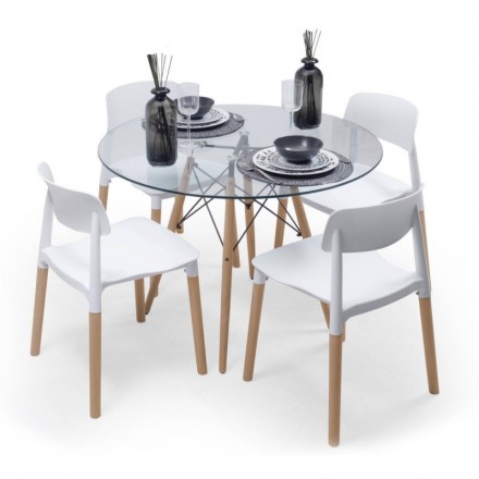 Conjunto de comedor CALAS TOWER CRISTAL 100, mesa de cristal redonda de 100 cm, 4 sillas de diseño nórdico