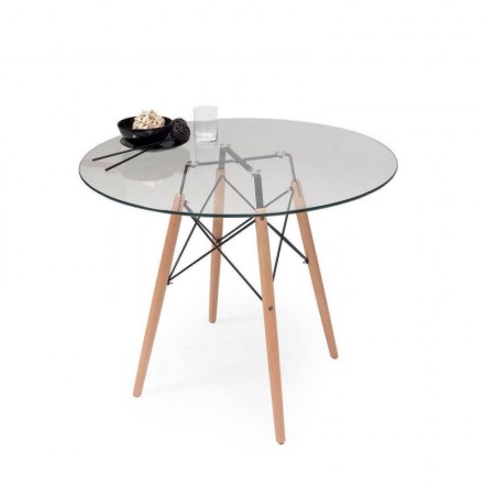 Conjunto de comedor CALAS TOWER CRISTAL 100, mesa de cristal redonda de 100 cm, 4 sillas de diseño nórdico