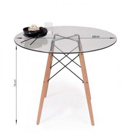 Conjunto de comedor CALAS TOWER CRISTAL 100, mesa de cristal redonda de 100 cm, 4 sillas de diseño nórdico