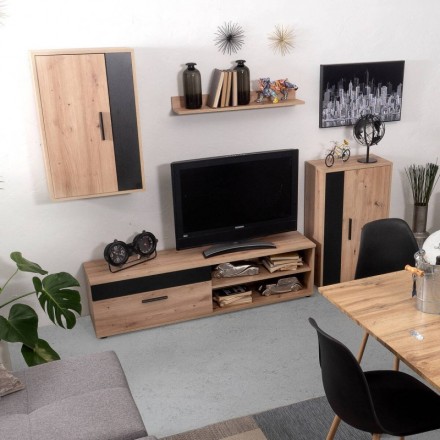 Mueble de salón modular IBIZA BLACK color artisan y negro de 200 cm
