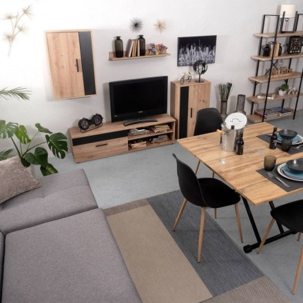 Mueble de salón modular IBIZA BLACK color artisan y negro de 190 cm