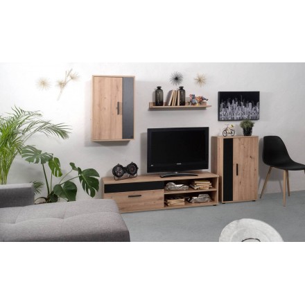 Mueble de salón modular IBIZA BLACK color artisan y negro de 190 cm