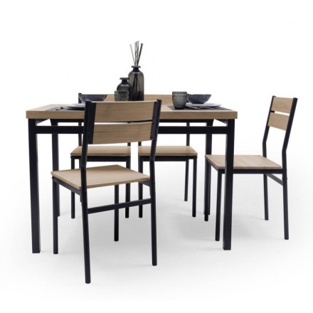 Conjunto de cocina KILIAN, mesa de 110x70 cm y 4 sillas, color roble y negro