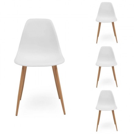 Pack de 4 sillas de comedor CAIRO WHITE asiento de polipropileno color blanco y patas de metal símil madera