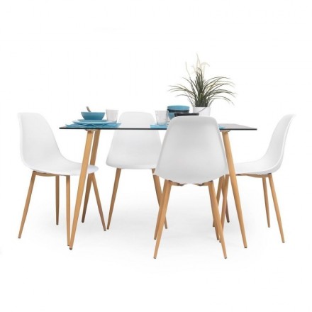 Conjunto de comedor CAIRO WHITE mesa de cristal de 120x79,5 cm y 4 sillas blancas