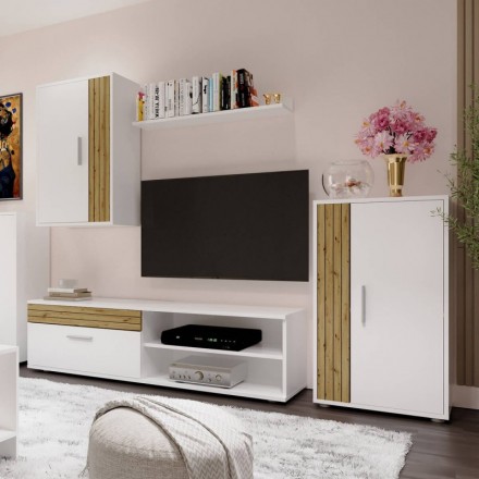 Mueble de salón modular IBIZA WHITE, color blanco y madera, de 200 cm