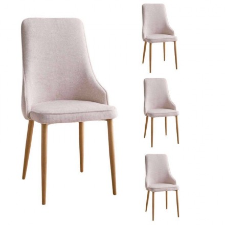 Pack de 4 sillas de comedor QUEEN, tapizadas en tela, patas metálicas en acabado madera