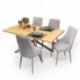 Conjunto de Comedor TAMI QUEEN con Mesa Fija de Madera Maciza y 4 Sillas Tapizadas en Tela Gris