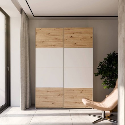 Armario de Puertas Correderas DOMY 150 cm – Blanco Mate, Roble Artisan o Espejo