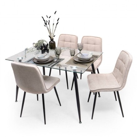 Conjunto de Comedor CAIRO ANTIQUE – Mesa de Cristal y 4 Sillas Tapizadas SALA con Patas Metálicas Negras