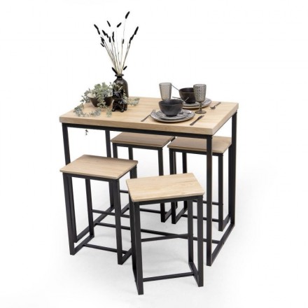 Conjunto de Mesa Alta con 4 Taburetes MEGA – Estructura Metálica Negra y Acabado Roble