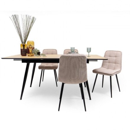 Conjunto de Comedor Extensible NELA/SALA  – Mesa de 140 a 180 cm + 4 Sillas Tapizadas con Patas Metálicas Negras
