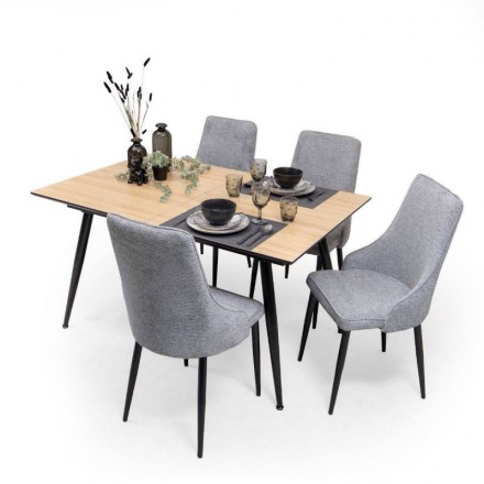 Conjunto de Comedor NELA/QUEEN Mesa Extensible 140 cm y 4 Sillas Tapizadas en Tela Gris