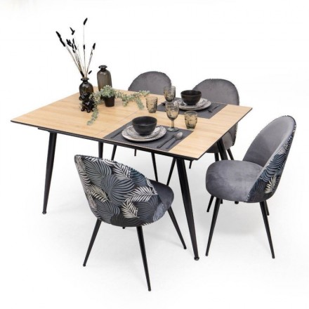 Conjunto de comedor NELA/MADEIRA Mesa de comedor extensible y 4 sillas tapizadas floral
