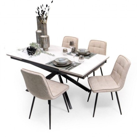 Conjunto de Comedor Extensible KATIA/SALA con Tapa Cerámica Efecto Mármol y 4 Sillas Tapizadas