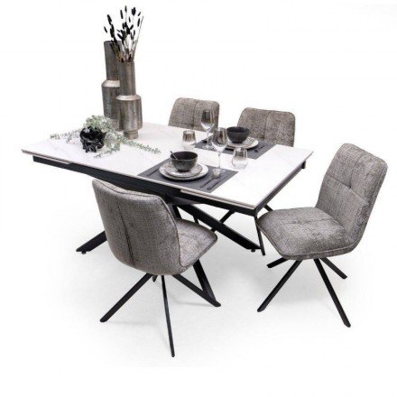 Conjunto de Comedor Extensible KATIA/LUNA con Tapa Cerámica Mármol Blanco + 4 Sillas Giratorias Tapizadas