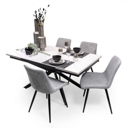 Conjunto de Comedor Extensible KATIA/DUBAI  con Mesa Cerámica 160  Mármol Blanco + 4 Sillas Tapizadas