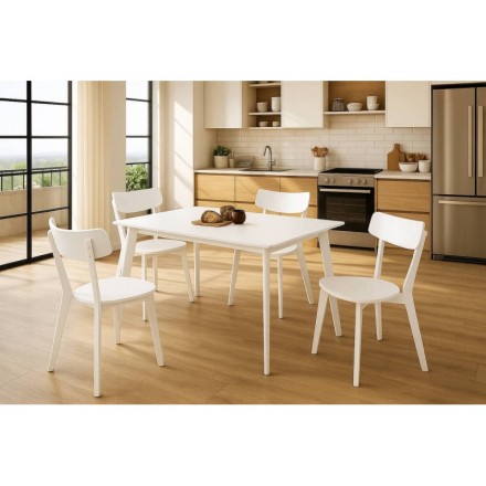 Conjunto de mesa y 4 sillas blanco estilo nórdico. Mesa rectangular fija de 120 × 75 cm.
