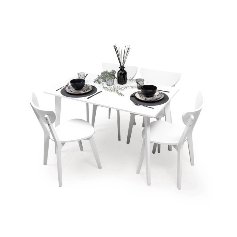 Conjunto de Comedor Nórdico WENDOVER – Mesa Blanca de 120x70 cm y 4 Sillas escandinavas de Madera lacada