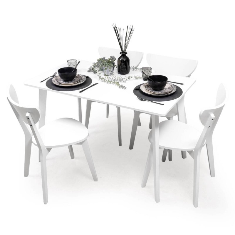 Conjunto de Comedor Nórdico WENDOVER – Mesa Blanca de 120x70 cm y 4 Sillas escandinavas de Madera lacada