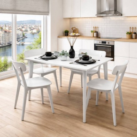 Conjunto de mesa y 4 sillas CODY  blanco estilo nórdico. Mesa rectangular fija de 120 × 70 cm.