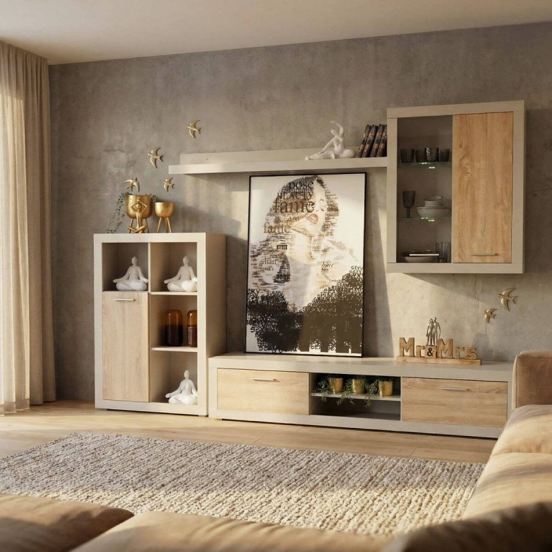 Mueble de salón modular SUNSET color cashmere mate y roble de 270 cm con vitrina LED y bajo TV
