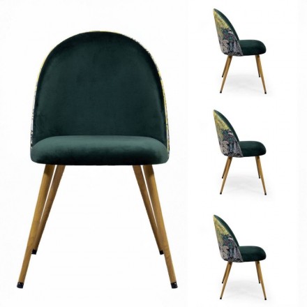 Pack de 4 sillas de Comedor MADEIRA Tapizada en Terciopelo Verde con Respaldo Estampado Tropical y Patas Efecto Madera