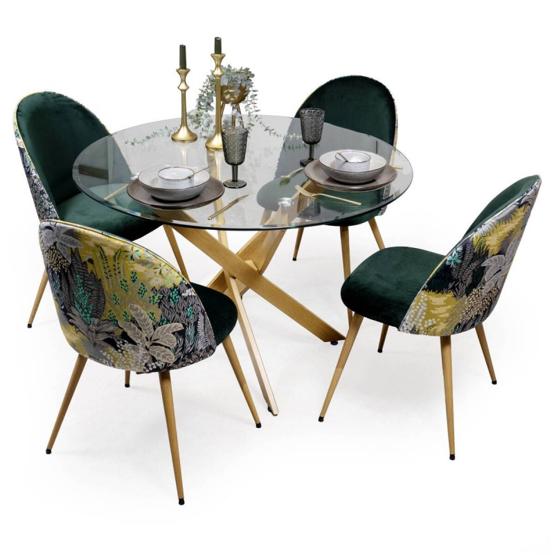 Conjunto de Comedor Madeira con Mesa Redonda de Cristal y Sillas Tapizadas en Terciopelo Verde