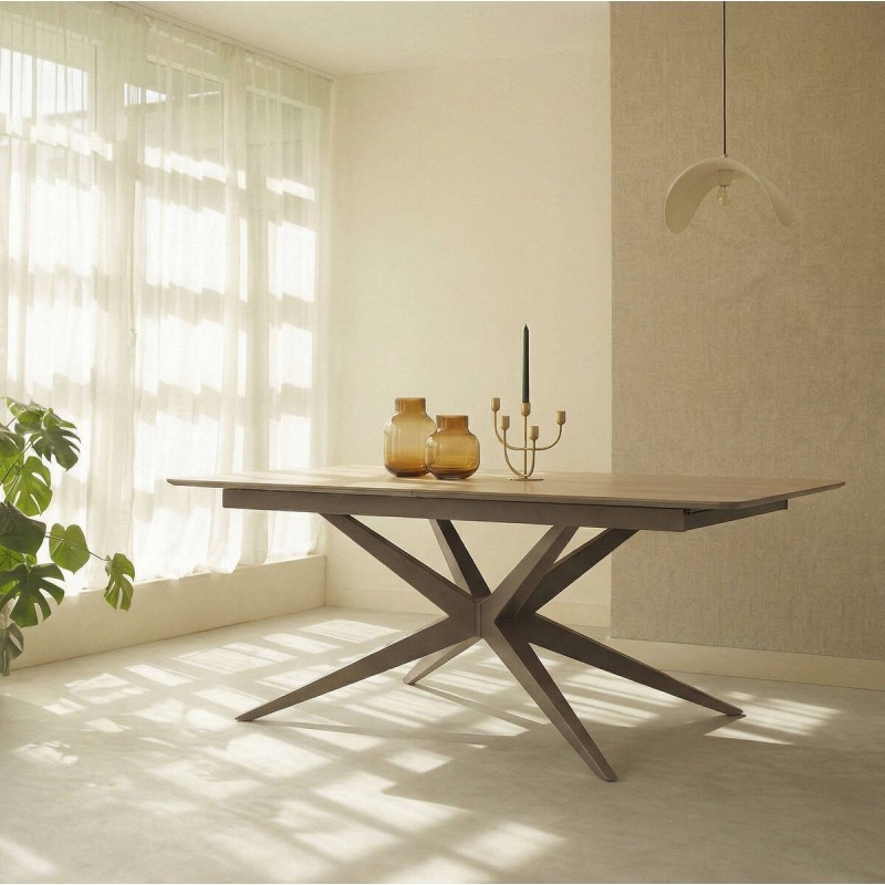 Mesa de comedor PETRA de 160x90 cm. Extensible +60cm. Tapa de piedra sinterizada color travertino, patas metal.