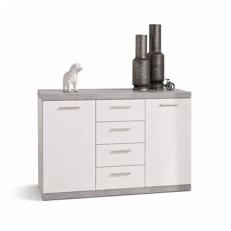 Mueble aparador de comedor con 2 puertas y 4 cajones  ESCANAR color hormigón y blanco 118,5x35 Alto 82 cm