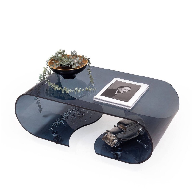 Mesa de centro con ruedas y cristal curvado de una pieza COFFEE SMOKE GRIS de 90x50x36,5 cm