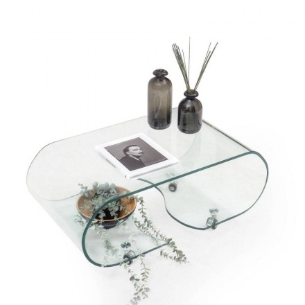 Mesa de centro con ruedas y cristal curvado de una pieza COFFEE TRANSPARENTE de 90x50x38 cm