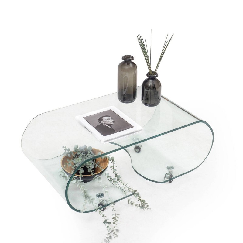 Mesa de centro con ruedas y cristal curvado de una pieza COFFEE TRANSPARENTE de 90x50x38 cm