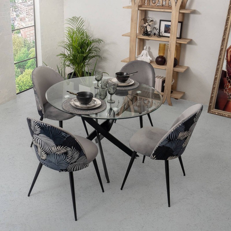 Conjunto de Comedor Madeira con Mesa Redonda de Cristal 110 patas metal y Sillas Tapizadas en Terciopelo Gris