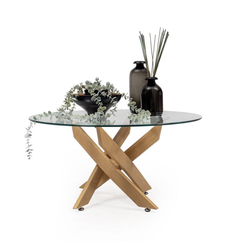 Mesa de centro redonda DALILA WOOD cristal templado y base metálica color madera de 80x40 cm